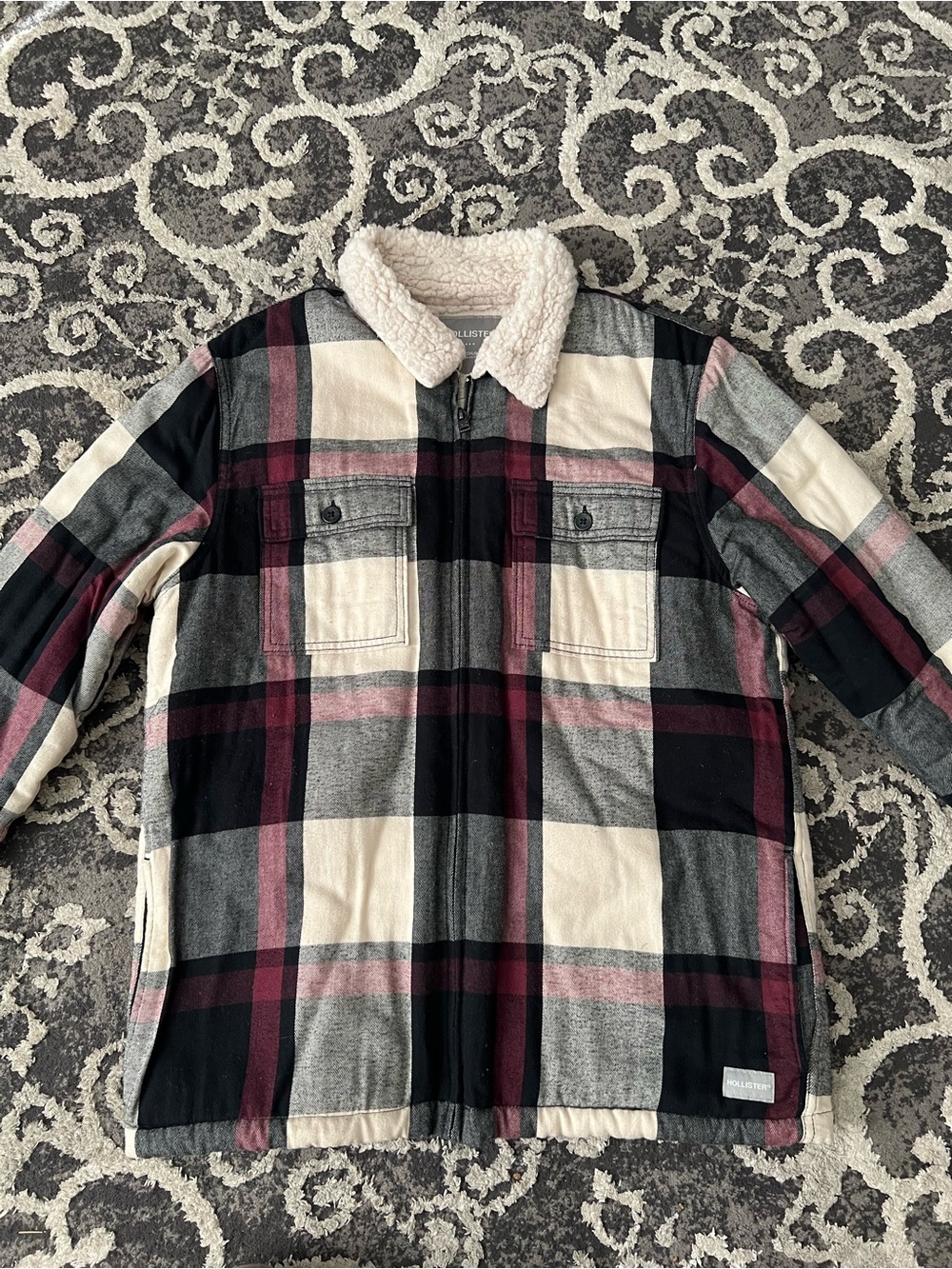 Hollister Co. black, white, and maroon plaid flannel jacket with sherpa lining
